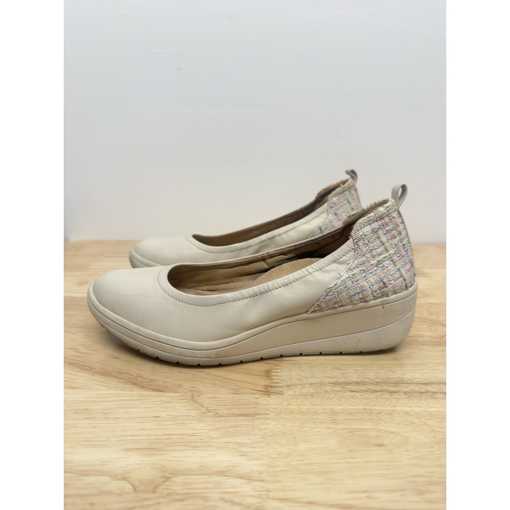 Vionic Jacey Leather w/ Tweed wedge slides comfort shoes cream Size Sz 9 - Picture 6 of 7